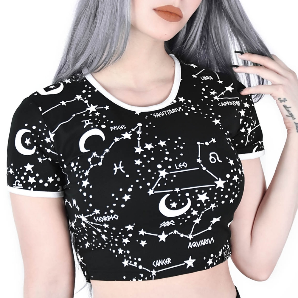 Astrology Print Black Crop Tee